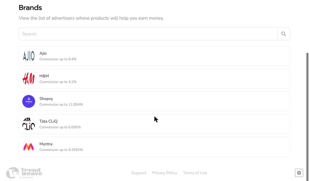 Brands page showing the list of active retailers with maximum commission rates