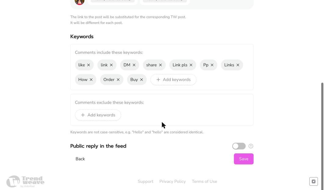 Campaign keywords list with default trigger words and exclude-keywords field