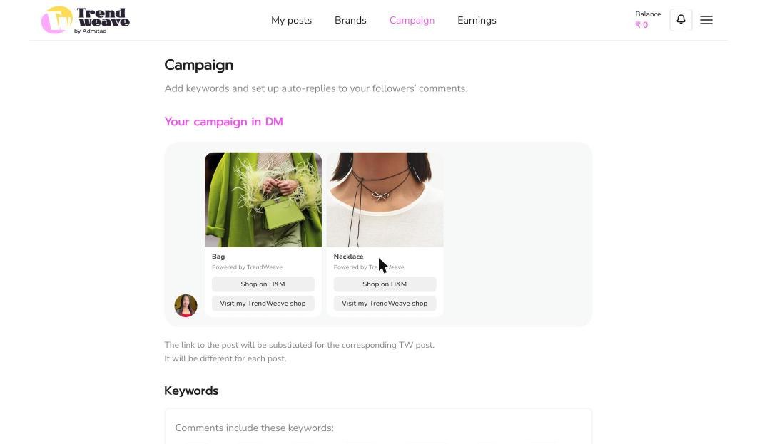 Campaign page mockup showing how the auto-DM appears for two example posts