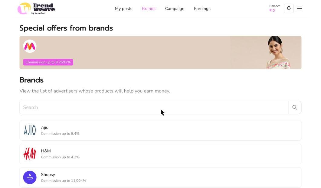 Special offers from brands banner with featured commission rate