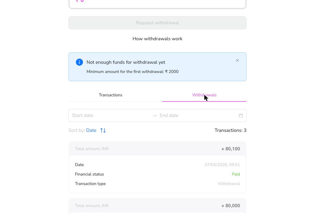 Earnings page Withdrawals tab showing past withdrawal requests with Paid status