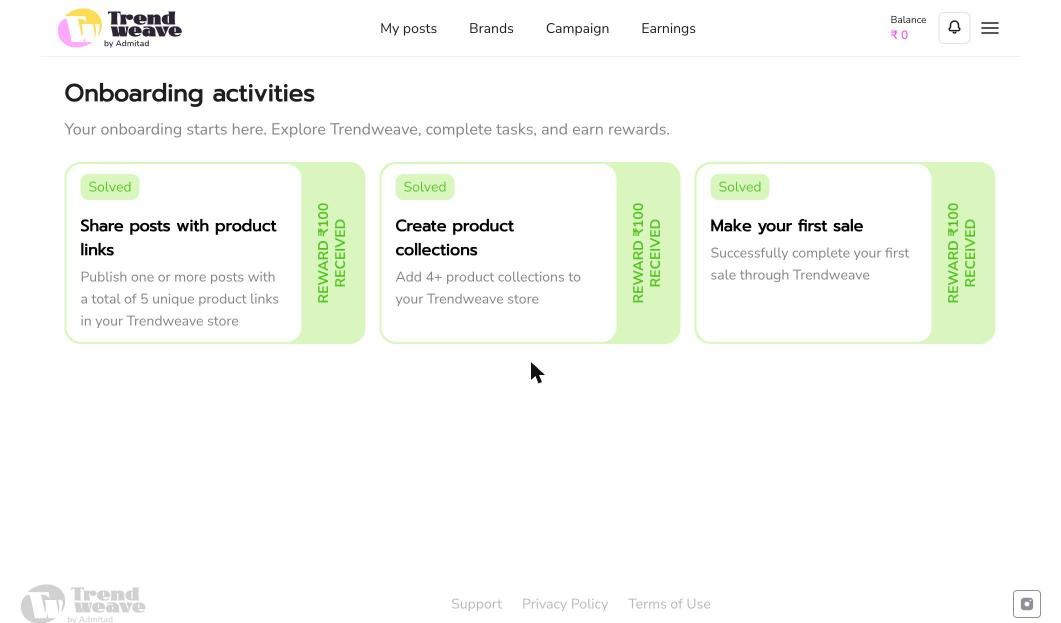 Onboarding activities screen with three reward cards of ₹100 each